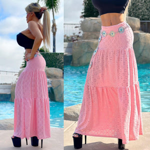 Connie's Embrace the charm of the WEST "LOW RISE, RICH STRETCH Eyelet Lace MAXI Skirt"... PINK ... Made in USA