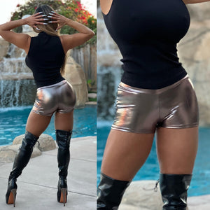 Connie's "VIP Vegas Club Girl St. Tropez Bronze, Metallic RUBBERIZED Stretch Breaker Mini Shorts  ...Made in the USA