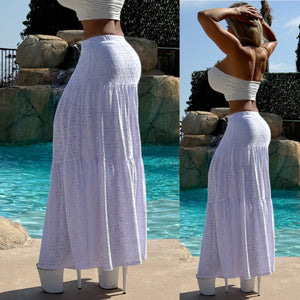 fINAL SALE Connie's Embrace the charm of the WEST "LOW RISE, RICH STRETCH Eyelet Lace MAXI Skirt"... WHITE ... Made in USA