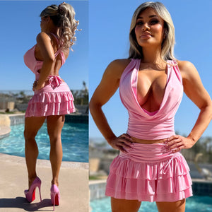 Connie's "PINK SHEEN EXTREME PLUNGE CLUB GIRL SET" Top & Skirt TWO PC Set, Signature Double Fabric Construction, Made in USA