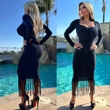 FINAL SALE Connie's LIMITED "RICH PRINCESS BLACK STRETCH KNIT Midi 🍸" Stretch Semi See thru knit with Long Fringe Hem accent