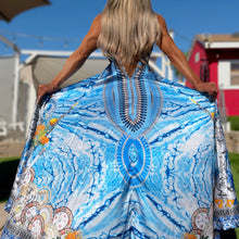 Connie's ***LIMITED*** "BLUE HORIZON" SILKY RHINESTONE 💎 ACCENT RAYON High Low Maxi, Eye Hook Opening Back and Chest, Cinchable tie front