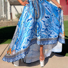 Connie's ***LIMITED*** "BLUE HORIZON" SILKY RHINESTONE 💎 ACCENT RAYON High Low Maxi, Eye Hook Opening Back and Chest, Cinchable tie front