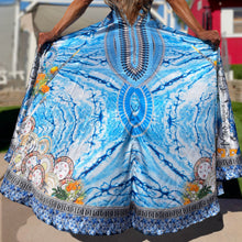 Connie's ***LIMITED*** "BLUE HORIZON" SILKY RHINESTONE 💎 ACCENT RAYON High Low Maxi, Eye Hook Opening Back and Chest, Cinchable tie front