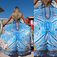 Connie's ***LIMITED*** "BLUE HORIZON" SILKY RHINESTONE 💎 ACCENT RAYON High Low Maxi, Eye Hook Opening Back and Chest, Cinchable tie front