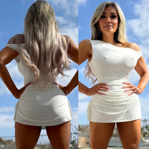 Connie's  "ADJUSTABLE LENGTH DOUBLE SIDE SPLIT WHITE SHEEN Mini" With Adjustable Ruched ASS, and A Tight Fit Waist ... Made in The USA 💯