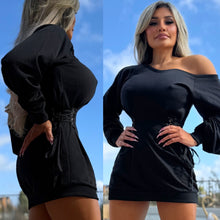 Connie's "PITCH BLACK OFF SHOULDER Corset WAIST Mini Dress" Loose Fit with Cinchable Corset Sides for a Tight Fit Waist