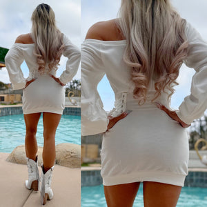 Connie's "RICH White OFF SHOULDER Corset WAIST Mini Dress" Loose Fit with Cinchable Corset Sides for a Tight Fit Waist