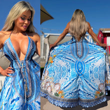 Connie's ***LIMITED*** "BLUE HORIZON" SILKY RHINESTONE 💎 ACCENT RAYON High Low Maxi, Eye Hook Opening Back and Chest, Cinchable tie front