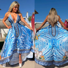Connie's ***LIMITED*** "BLUE HORIZON" SILKY RHINESTONE 💎 ACCENT RAYON High Low Maxi, Eye Hook Opening Back and Chest, Cinchable tie front