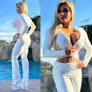 Connie's "LIMITED EXCLUSIVE" WHITE, RICH Sweater Set, ZIP Crop Top Hoodie and Fold Over Stretch Fit Leggings
