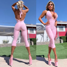 Connie's EXCLUSIVE "EXTREME PLUNGE PINK SHEEN CLUB 🍸 CAPRI Jumpsuit" Sheen Fabric, Adjustable Backless Halter, Made in USA