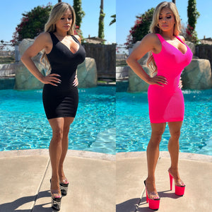 Connie's (TWO PACK) SEAMLESS Limitless Stretch Ribbed Tank Mini Dress 🌞 PINK & BLACK For Everyday head Turning💋💋💋