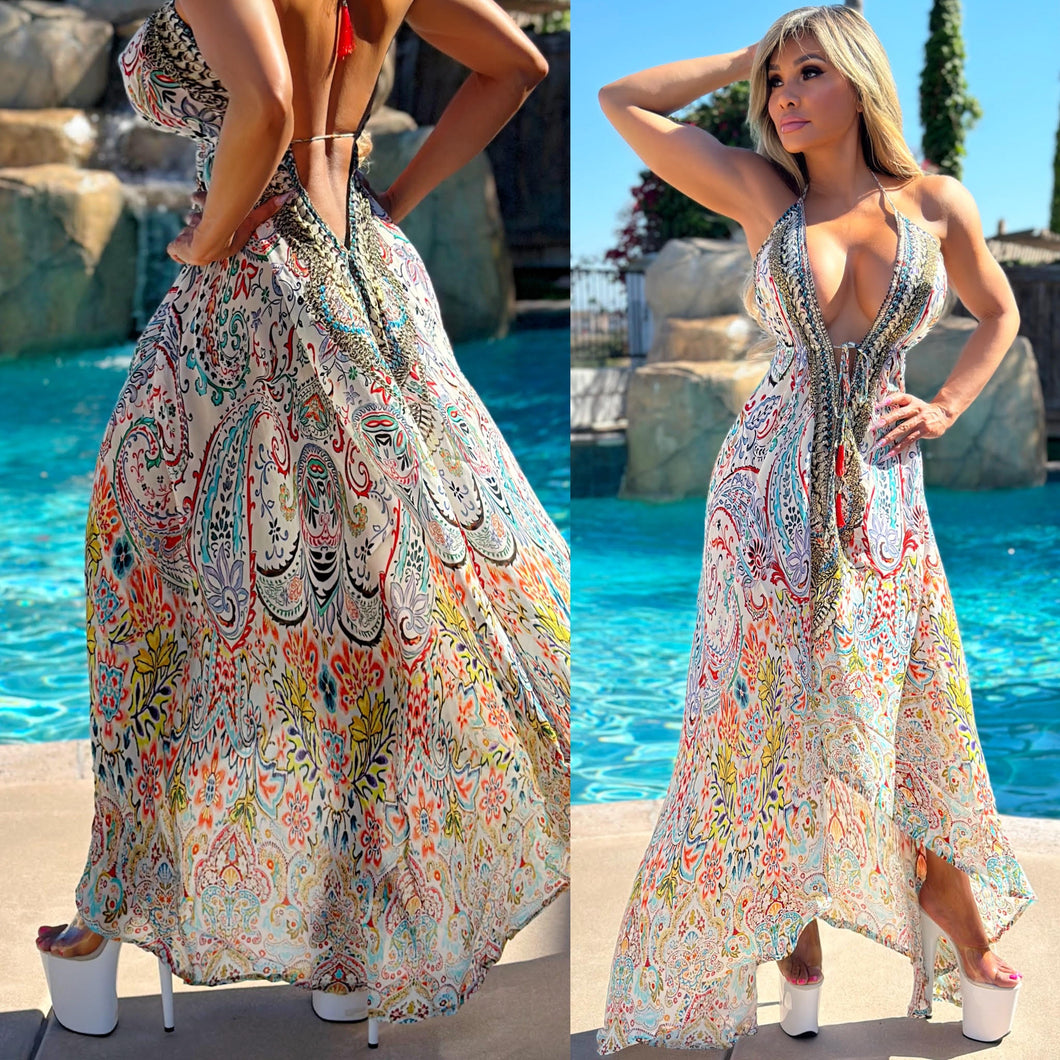 ***LIMITED*** Connie's LUX 🌴 Island BoHo Style, Semi Sheer White Flowers *Silk* High Low Maxi