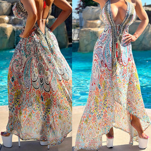 ***LIMITED*** Connie's LUX 🌴 Island BoHo Style, Semi Sheer White Flowers *Silk* High Low Maxi" With Hand Sewn 💎 Crystal Accents ...💯😘