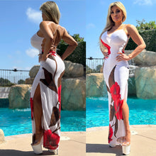 Connie's EXCLUSIVE "Hibiscus Haven Maxi Dress" STRETCH MESH, Open Thigh, Criss Cross Open Back