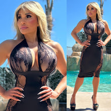 Connie's "Vixen's Allure Lace MIDI" Backless FULL STRETCH SEE Thru Black, Lace detailing Chest and Side seams