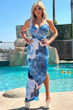 Connie's EXCLUSIVE "BLUE Hibiscus Haven Maxi Dress" STRETCH MESH, Open Thigh, Criss Cross Open Back