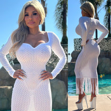 Connie's LIMITED "RICH PRINCESS WHITE STRETCH KNIT Midi 🍸" Stretch Semi See thru knit with Long Fringe Hem accent