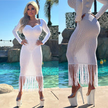 Connie's LIMITED "RICH PRINCESS WHITE STRETCH KNIT Midi 🍸" Stretch Semi See thru knit with Long Fringe Hem accent