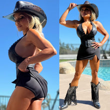 Connie's "WESTERN PLAINS BLACK X SUEDE Top & Mini Skirt 2 Pc SET" X SUEDE CORSET WAIST Halter top and Stretch Fit Mini Skirt with Built in Booty Shorts