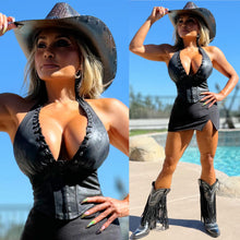 Connie's "WESTERN PLAINS BLACK X SUEDE Top & Mini Skirt 2 Pc SET" X SUEDE CORSET WAIST Halter top and Stretch Fit Mini Skirt with Built in Booty Shorts
