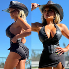 Connie's "WESTERN PLAINS BLACK X SUEDE Top & Mini Skirt 2 Pc SET" X SUEDE CORSET WAIST Halter top and Stretch Fit Mini Skirt with Built in Booty Shorts