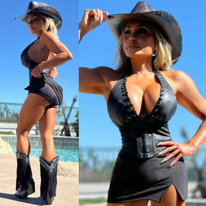 Connie's "WESTERN PLAINS BLACK X SUEDE Top & Mini Skirt 2 Pc SET" X SUEDE CORSET WAIST Halter top and Stretch Fit Mini Skirt with Built in Booty Shorts