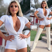 Connie's LIMITED "WHITE CLUB ROMPER 🍸" DEEP COWL PLUNGE with BOOTY PEEP, FULL stretch Fit No Zippers