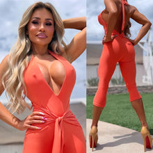 Connie's EXCLUSIVE "JUICY ORANGE EXTREME PLUNGE 🍸 CAPRI Jumpsuit" Adjustable Front Tie Sash, Sheen Fabric, Adjustable Backless Halter, Made in USA