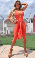 Connie's EXCLUSIVE "JUICY ORANGE EXTREME PLUNGE 🍸 CAPRI Jumpsuit" Adjustable Front Tie Sash, Sheen Fabric, Adjustable Backless Halter, Made in USA