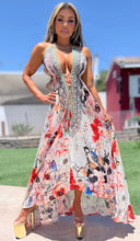 ***LIMITED*** LUX Island BoHo Style, *Silk* High Low Maxi, PINK's Japanese SONG BIRDS and HIBISCUS Print, With Hand Sewn Crystal Accents