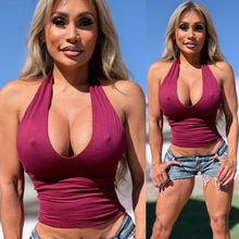 Connie's EXCLUSIVE "SMALLER DEEPER SEAMLESS Temptation Halter Top" NO UNDEWRBOOB SEAM, RED WINE Double Fabric support, for use without a Bra, Made in USA