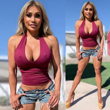 Connie's EXCLUSIVE "SMALLER DEEPER SEAMLESS Temptation Halter Top" NO UNDEWRBOOB SEAM, RED WINE Double Fabric support, for use without a Bra, Made in USA