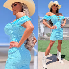 Connie's "AQUA BLUE URBAN PRAIRIE GIRL MINI" OFF or ON Shoulder, Lace up Chest, STRETCH Eyelet Lace, Lined matching fabric