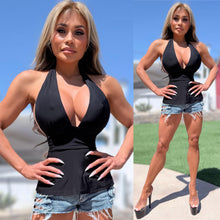 Connie's LIMITED EXCLUSIVE "MARILYN MUST HAVE HALTER TOP" BLACK SILKY SHEEN Fabric Double support, for use without a Bra, Made in USA