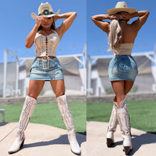 Connie's  "RICH STITCHED LIGHT CREAM SUEDE LOOK CORSET HALTER TOP" Stretch Fit and Adjustable Chest Tie