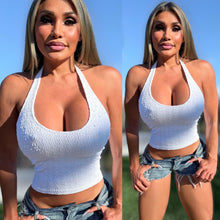 Connie's Exclusive "SUPPER STRETCH NO BRA NEEDED WHITE DOUBLE LACE HALTER Top" Super Stretch Fit...Made in USA