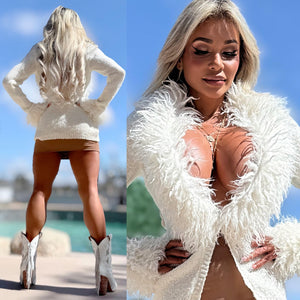 Connie's **LIMITED** "RICH 2 Button Close SWEATER" WHITE X- Mongolian Lamb Collar and Wrist, Extreme Chest Plunge, Wear a Bra or Cami With it , or NOT!!!