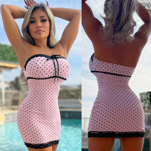 Connie's Exclusive "CUTE VIXEN 😈 PINK POLKA DOT MINI" STRETCH Fit Mesh Lace Mini, No Zippers