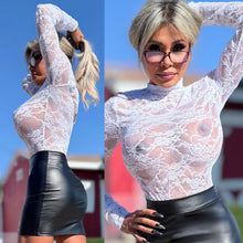 Connie's "ULTIMATE STRETCH SOFT SEMI SEE THRU Thong Bodysuit" WHITE FULL STRETCH FIT, with a button Snap Neck and Bottom Closure