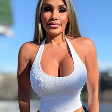 Connie's Exclusive "SUPPER STRETCH NO BRA NEEDED WHITE DOUBLE LACE HALTER Top" Super Stretch Fit...Made in USA