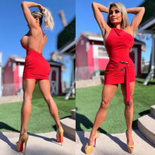 Connie's *EXCLUSIVE* "EXTRA SIDE CLEAVAGE RED SASH MINI" "EXTRA SHORT, Gold accent, Made in the USA