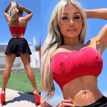 Connie's EXCLUSIVE "RED 💎 RHINESTONE STAY PUT STRAPLESS TOP" Super Stretchy Tube, Made of a Nice RICH MICRO RIBBED FABRIC