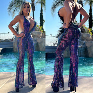 Connie's "SHIMMERING IRIDESCENT AMETHYST Sequin CLUB Jumpsuit 🍸🍸🍸 EXTREME PLUNGE built in Bodysuit .. Strategically Semi sheer