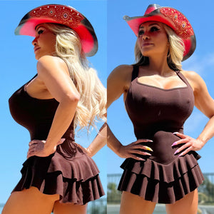 Connie's EXCLUSIVE & LIMITED "Short Short BROWN Stretch Ribbed MICRO Mini" Ruffle Lower and Built in Booty Shorts, Made in The USA (Copy)