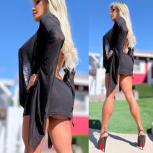 Connie's SUPER SHORT 😈 "RICH & DARING BLACK MESH 🥂🍾  MINI" GIANT COWL Plunge,  Bell Sleeves, Not for the SHY