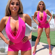 Connie's "RICH VIBRANT ISLAND PINK CLUB ROMPER" Great with Boots or Heels, DEEP COWL PLUNGER, Built in Chest Support, Made in USA