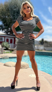 Connie's "SIMPLE SEXY STRETCH FIT MINI" Not Lined, Tight Stretch Fit, Ribbed BLACK & WHITE Striped