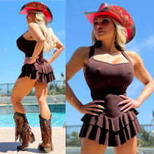 Connie's EXCLUSIVE & LIMITED "Short Short BROWN Stretch Ribbed MICRO Mini" Ruffle Lower and Built in Booty Shorts, Made in The USA (Copy)